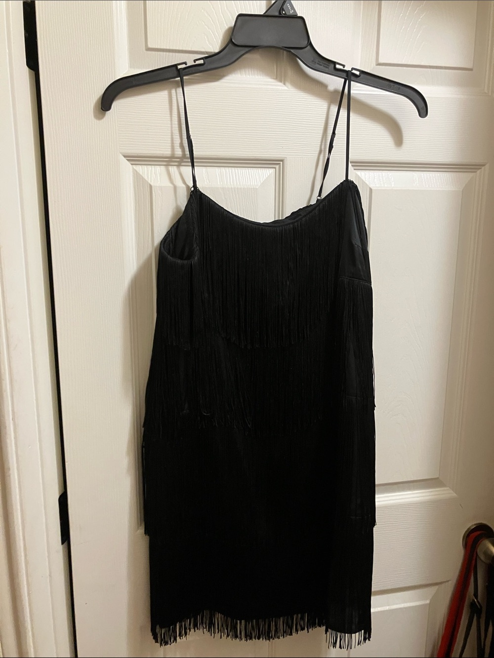 Black Fringed Slip Mini Dress with Spaghetti Straps